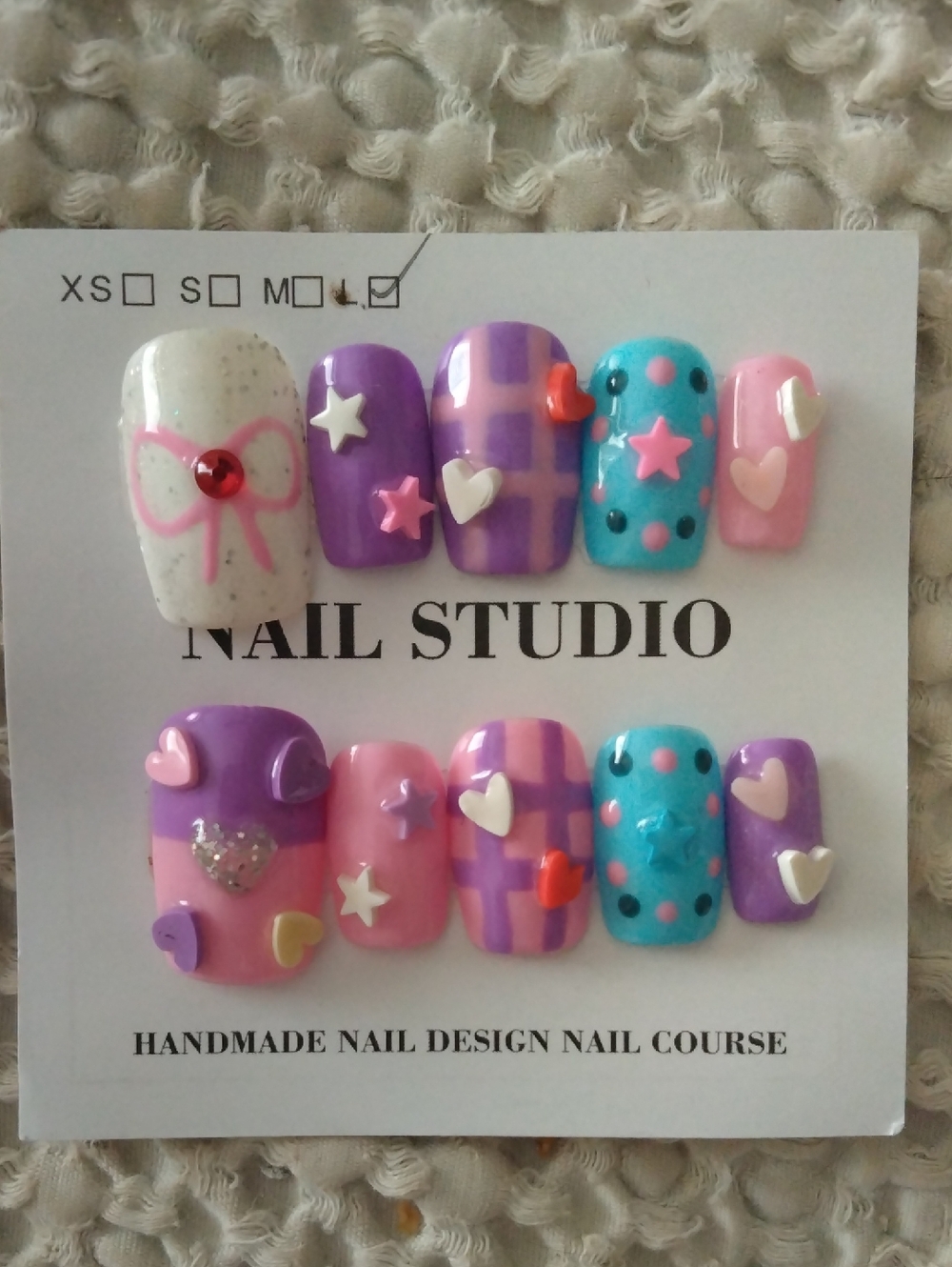 Handmade 2.0 Square Hearts & Stars Press-On Nail Set in Purple, Pink & Aqua 💅